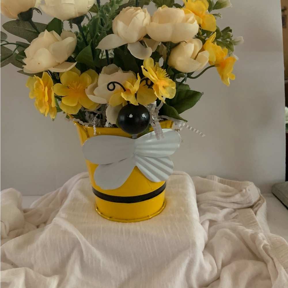 Yellow Floral Arrangement in Bee-Themed Pot